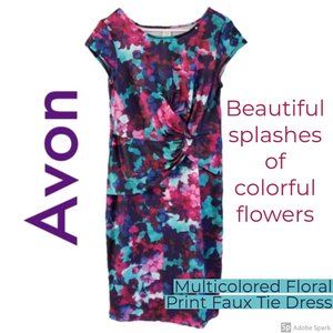 Avon Multicolored Floral Print Faux Tie Dress Sz M